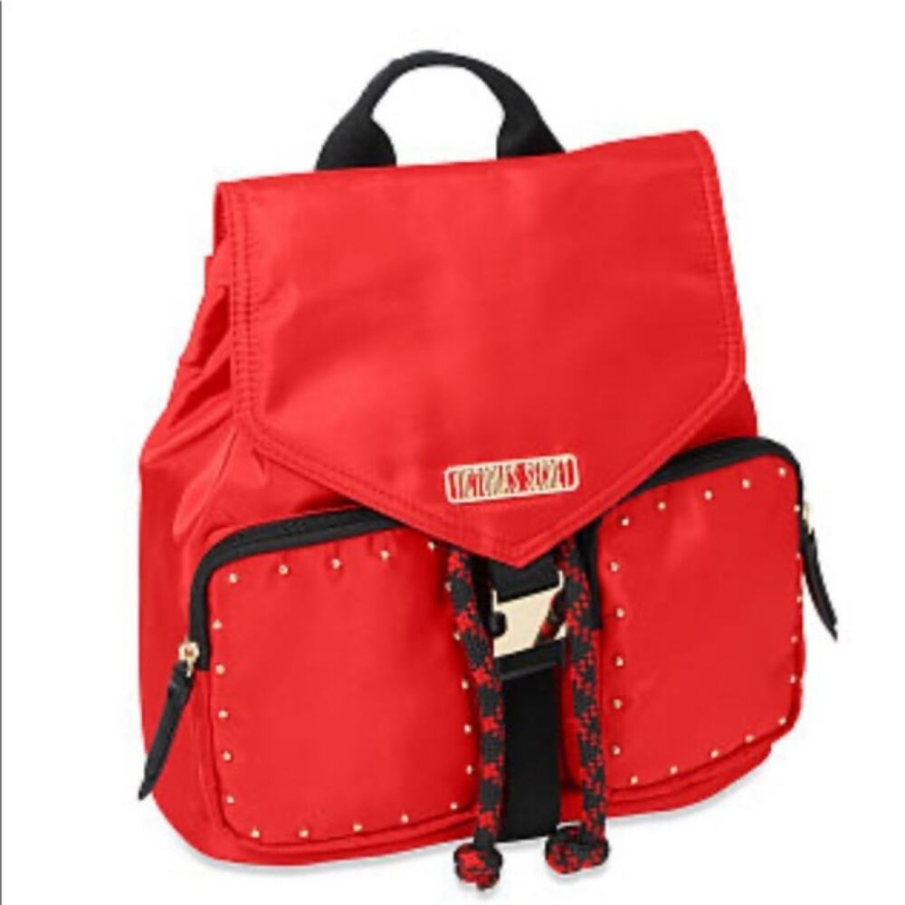 Victoria Secret studded flap backpack red black gold RARE